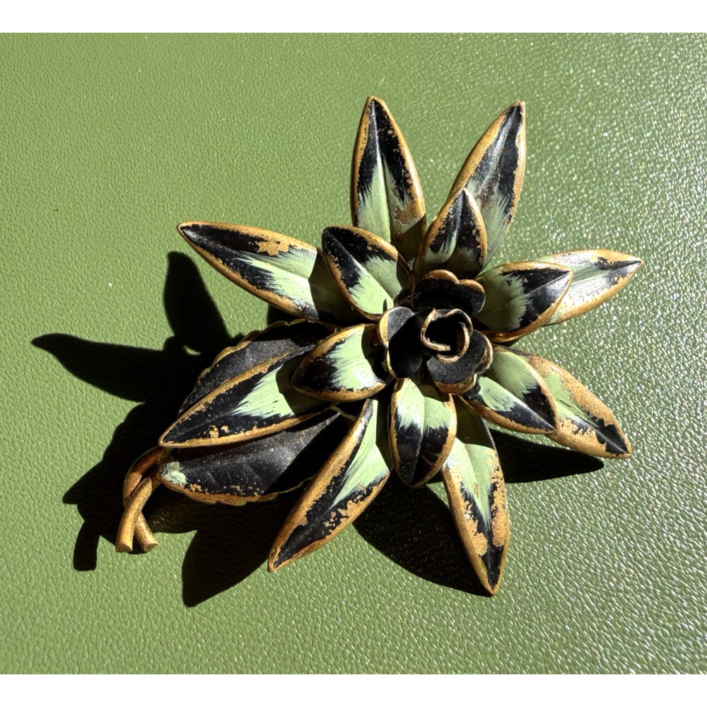 Vintage Austria Enamel Flower Brooch Black Green Gold Tone Floral Pin 2”